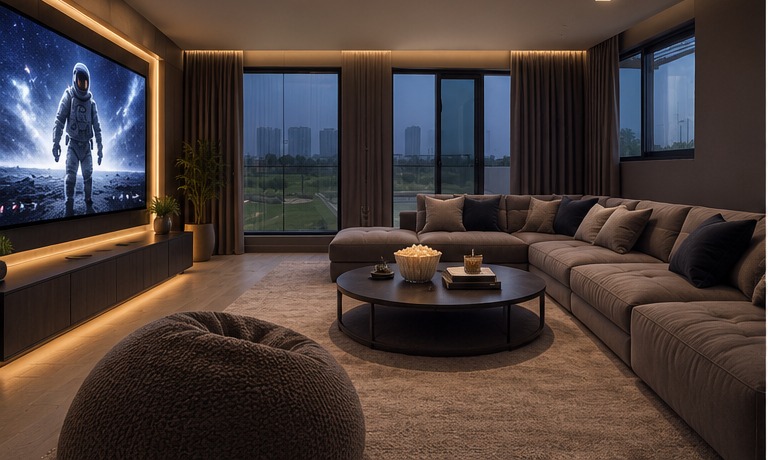 As a home cinema — AI-generated design suggestion for the flexible room