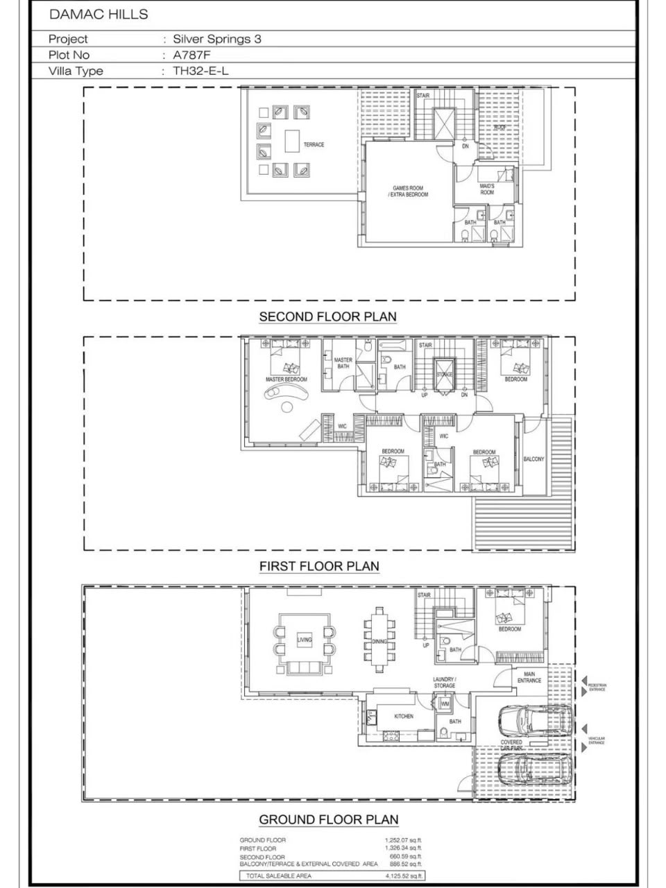 Developer floor plan — ground, first and second floors of The Golf House (TH32-E-L)