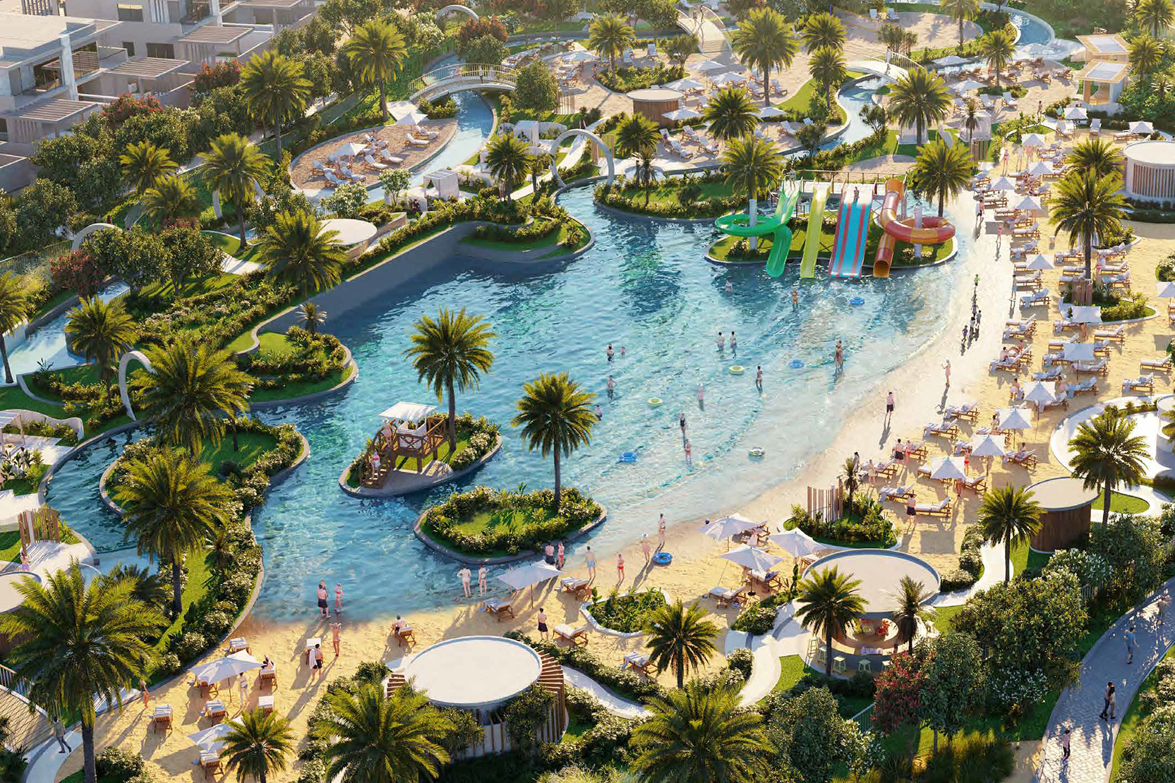 Aerial view of the Malibu Bay wave pool, lazy river and water slides inside DAMAC Hills