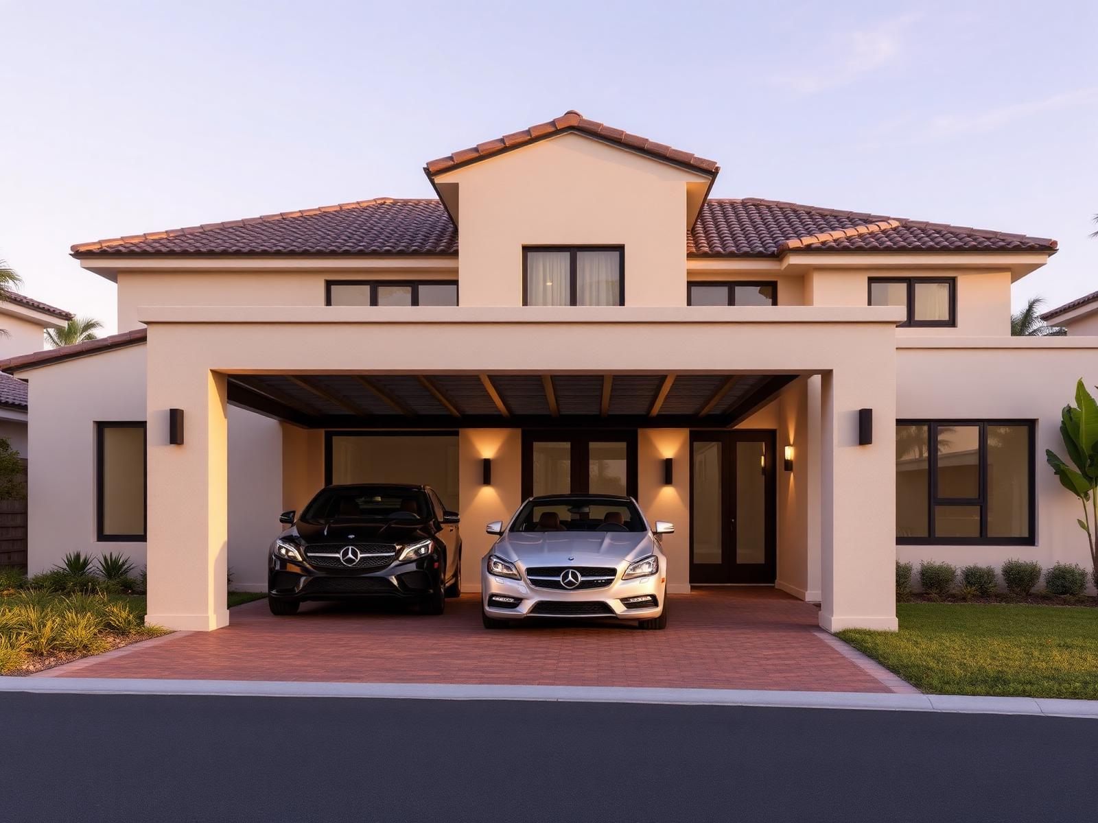 The Golf House facade with covered parking