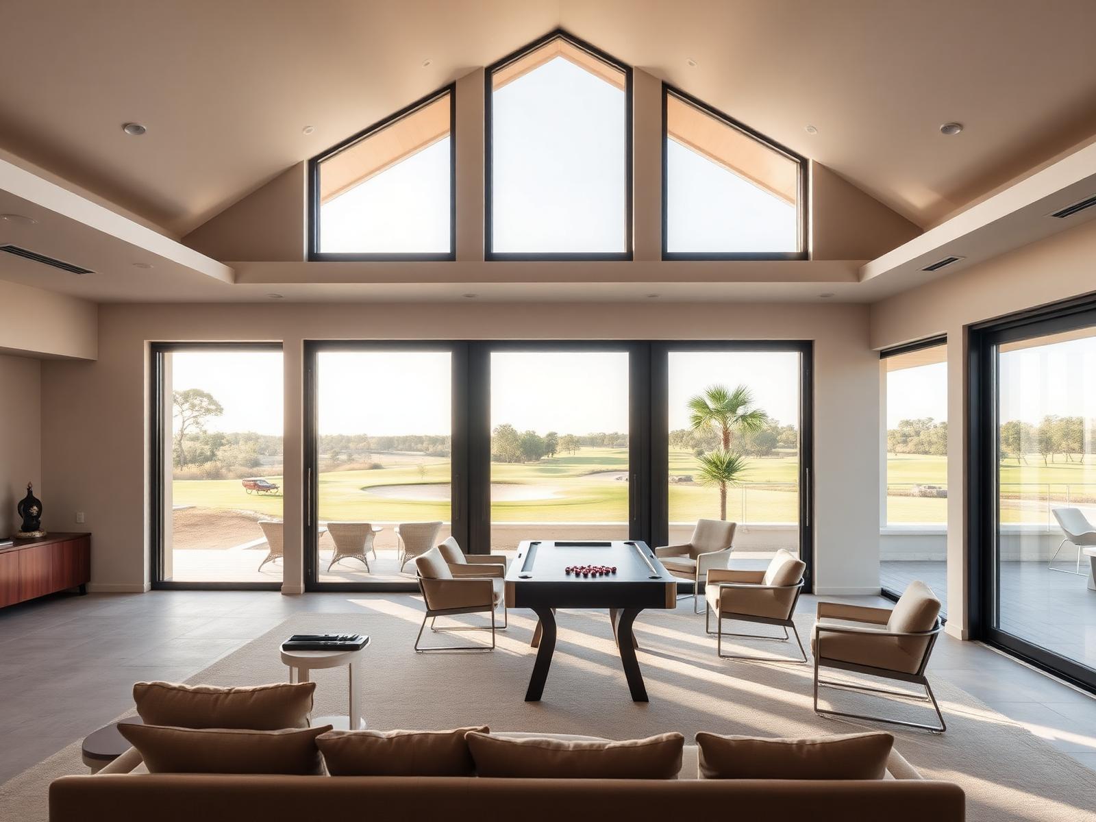 Top-floor games room opening onto the terrace with golf-course view — flexible sixth-bedroom space